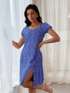 Vestido floral de muslo con abertura - L