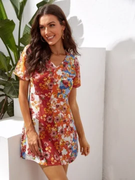 Vestido Floral Escote V Multicolor - XS